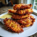 A tall stack of golden brown, crispy coconut chicken pieces served with a side of dipping sauce.