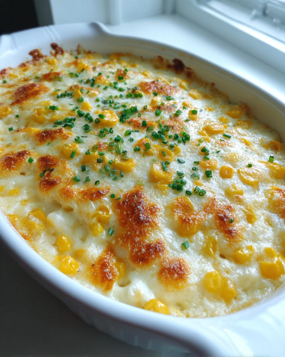 Close-up of a baked corn dip in a white oval dish, featuring melted, browned cheese and fresh chives over corn kernels.