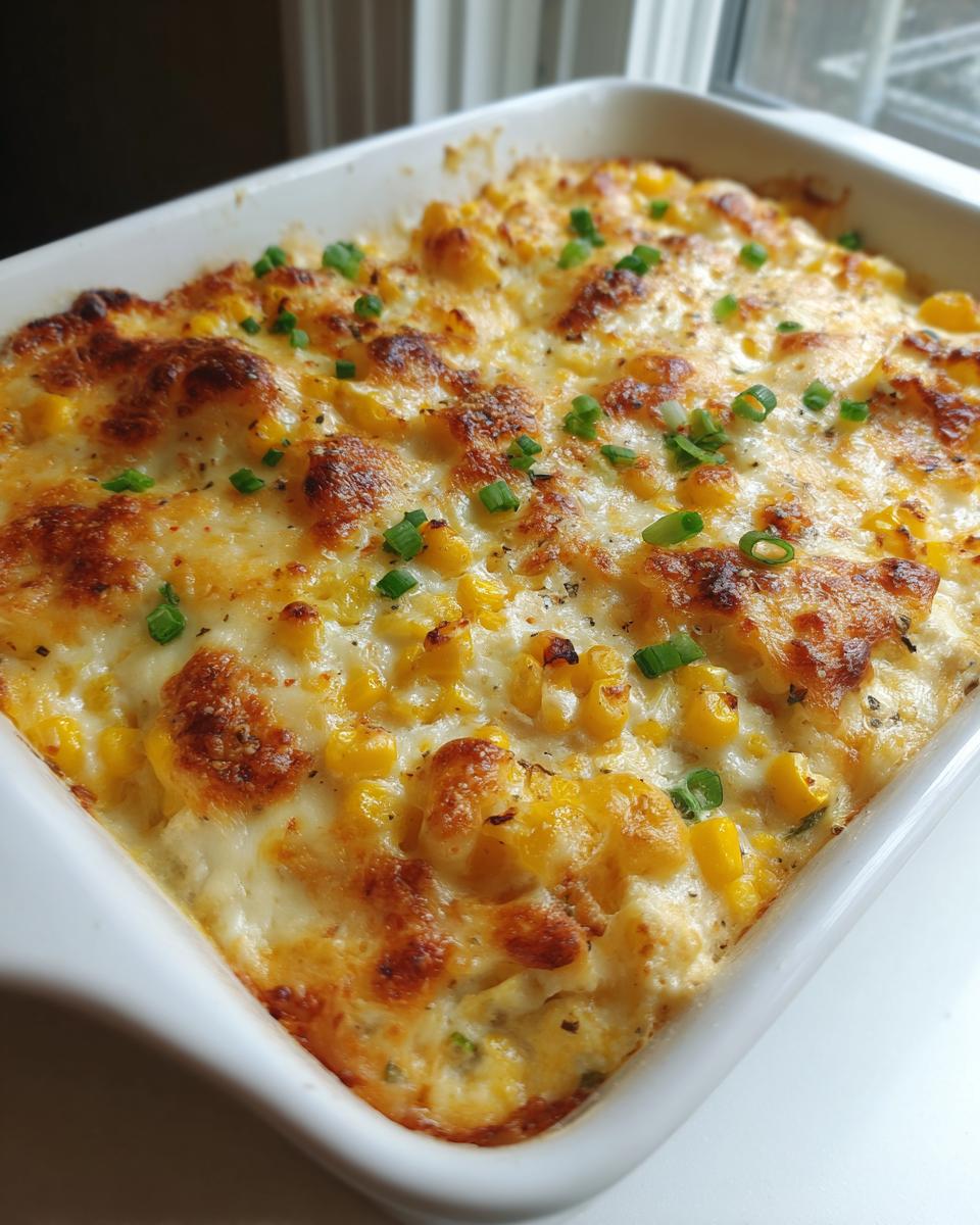 Close-up of a bubbly, cheesy baked corn dip topped with melted golden cheese and green onions.