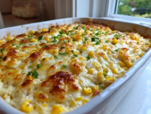 Close-up of a baked, creamy corn dip topped with melted, browned cheese and fresh chives.