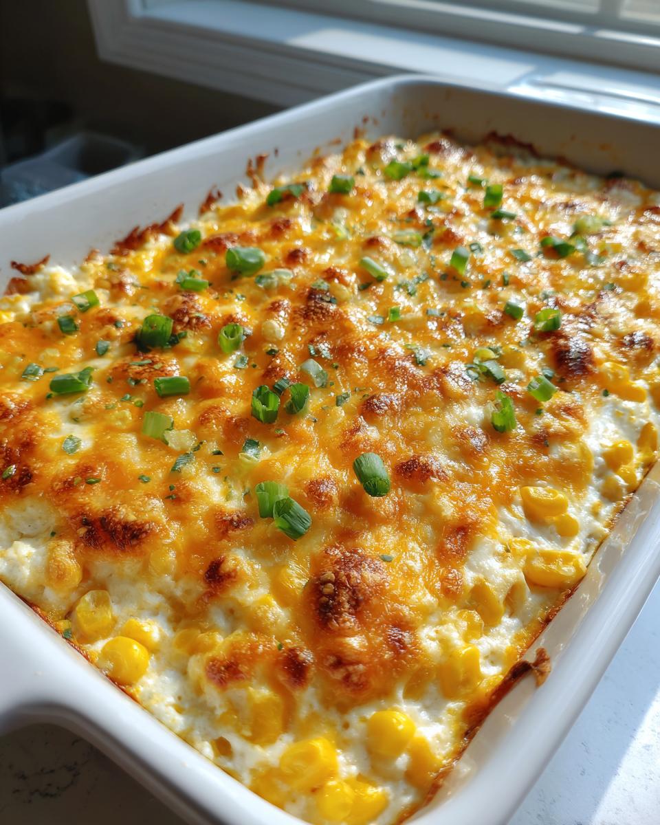 Close-up of a baked corn dip in a white casserole dish, featuring melted, bubbly cheddar cheese and green onions.