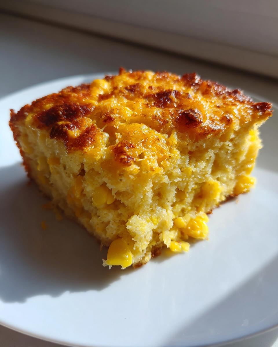 A close-up of a moist slice of cornbread casserole with visible corn kernels and a golden-brown crust.