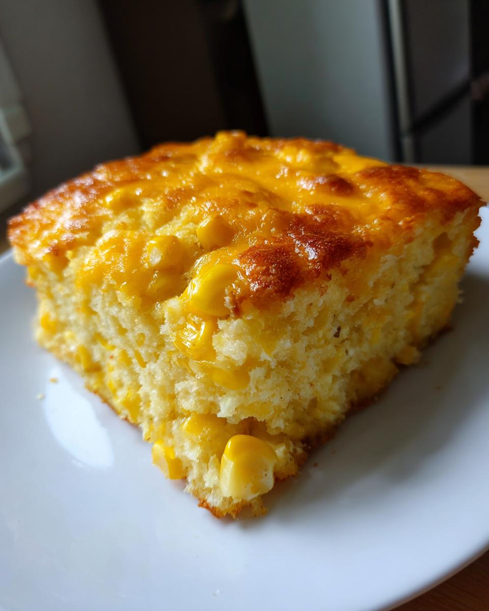 A close-up of a square slice of moist cornbread casserole topped with melted cheddar cheese and whole corn kernels.