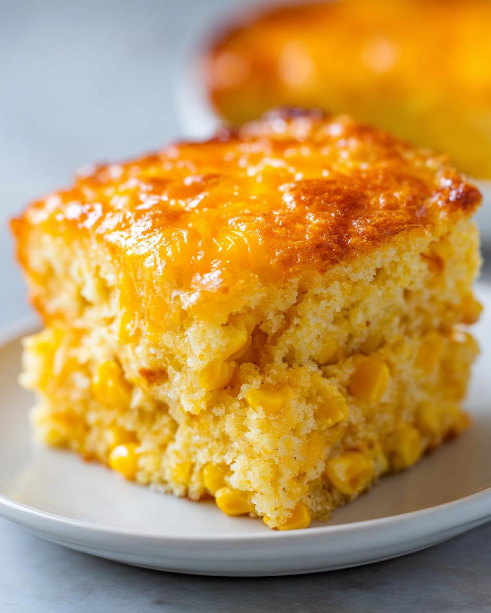 A moist, square slice of cornbread casserole loaded with whole corn kernels, served on a white plate.