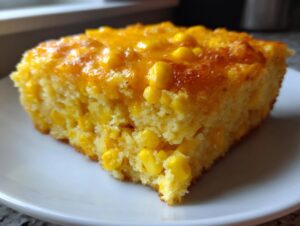 Close-up of a moist slice of cornbread casserole loaded with yellow corn kernels.