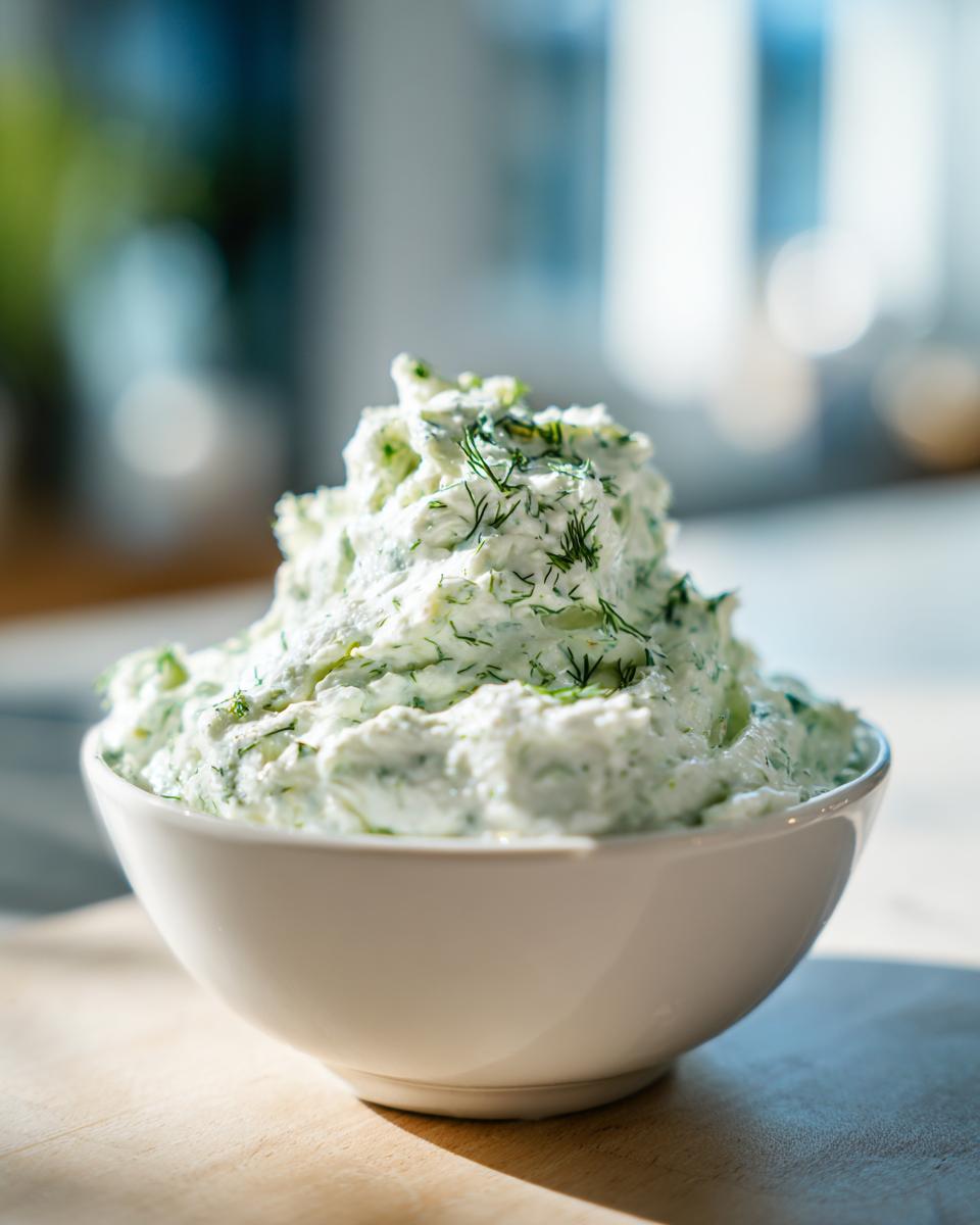 A white bowl overflowing with creamy, bright green dill dip topped generously with fresh dill.