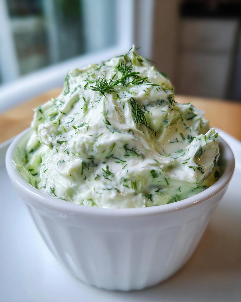 Close-up of a fluffy, creamy dill dip generously mixed with fresh green dill, served in a small white bowl.
