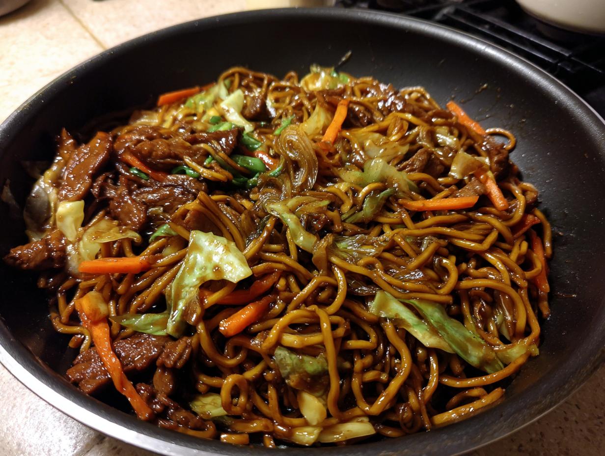 A close-up of savory, dark brown fried noodles mixed with beef, cabbage, and carrots in a black wok.