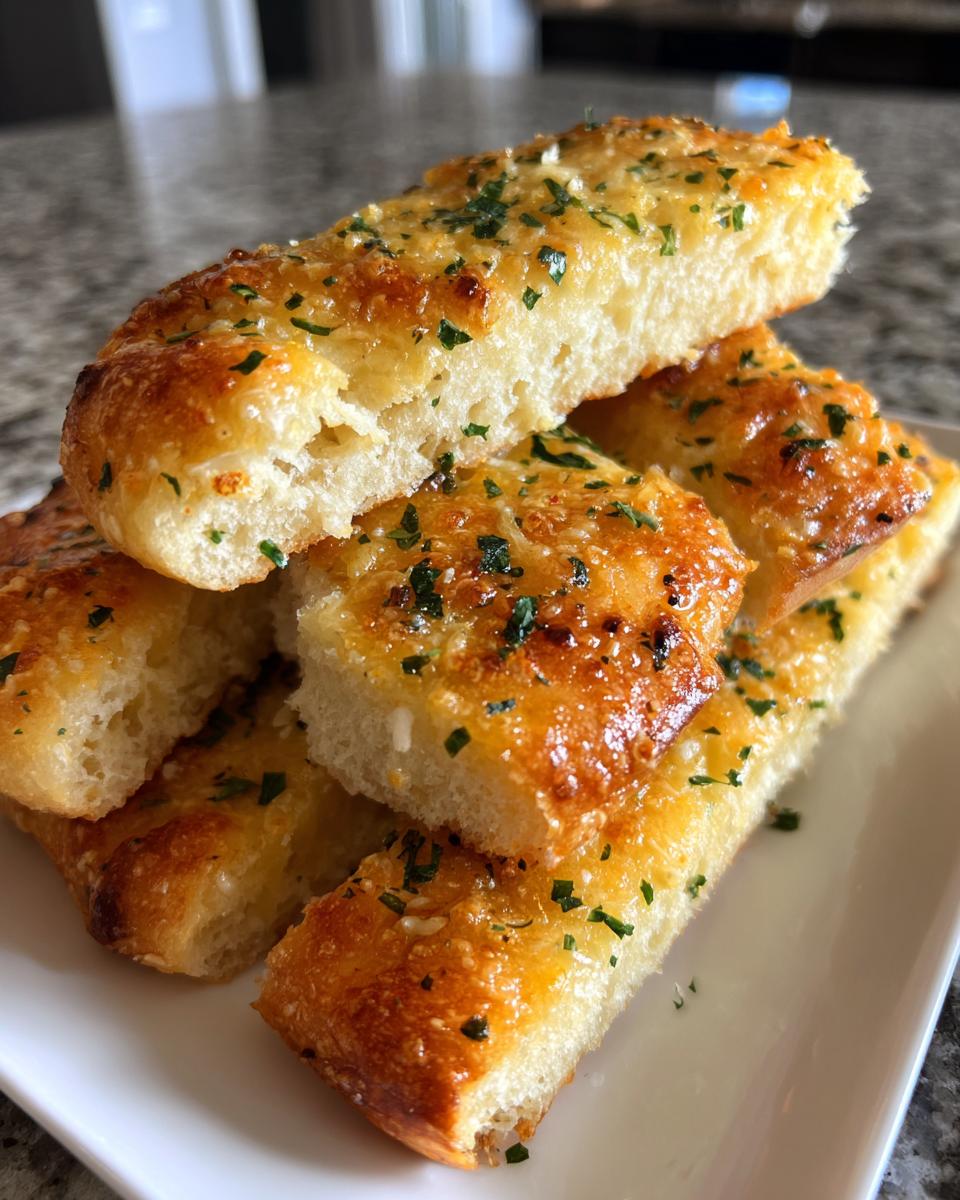 A stack of golden brown, fluffy garlic breadsticks topped with melted butter and chopped parsley.