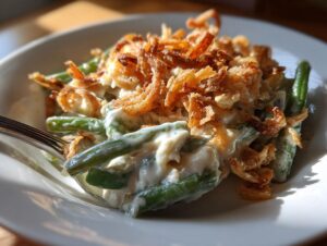 Close-up of a serving of amazing green bean casserole, featuring creamy sauce, green beans, and crispy fried onions.