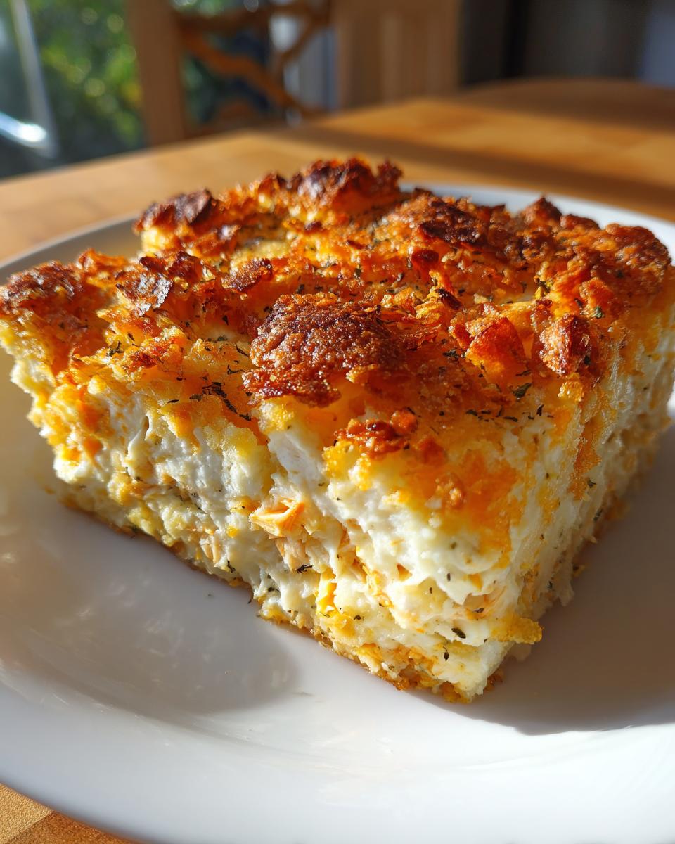 A square slice of baked hot chicken salad casserole with a crispy, golden-brown cheese topping.