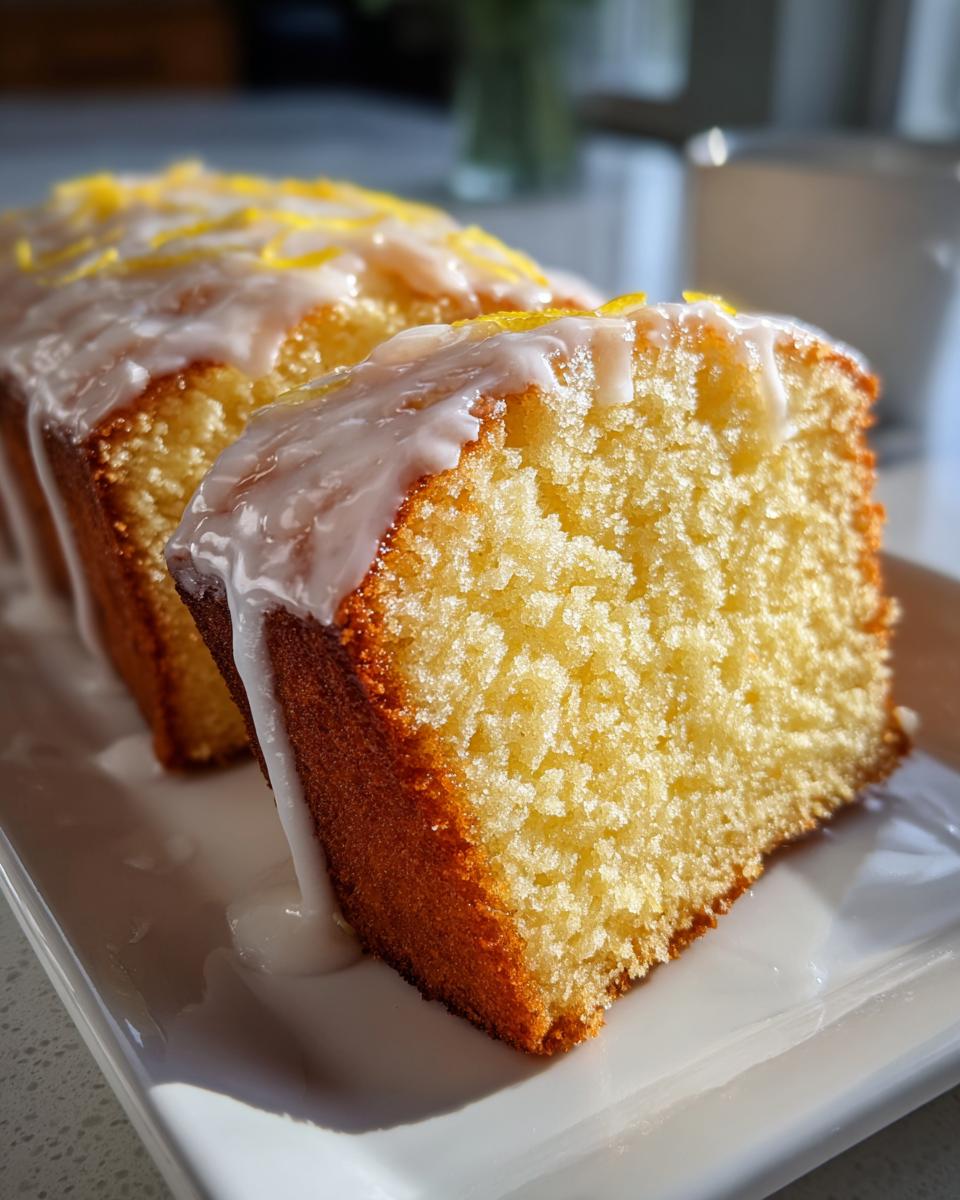 Close-up of a moist slice of lemon pound cake topped with white glaze and lemon zest.