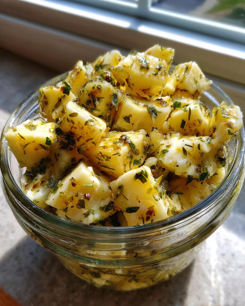 Close-up of cubed marinated cheese soaking in oil and herbs inside a glass jar.