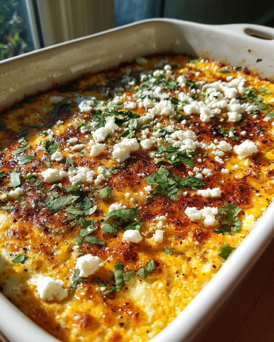 Close-up of a bubbling, baked mexican street corn dip topped with crumbled white cheese and fresh cilantro.
