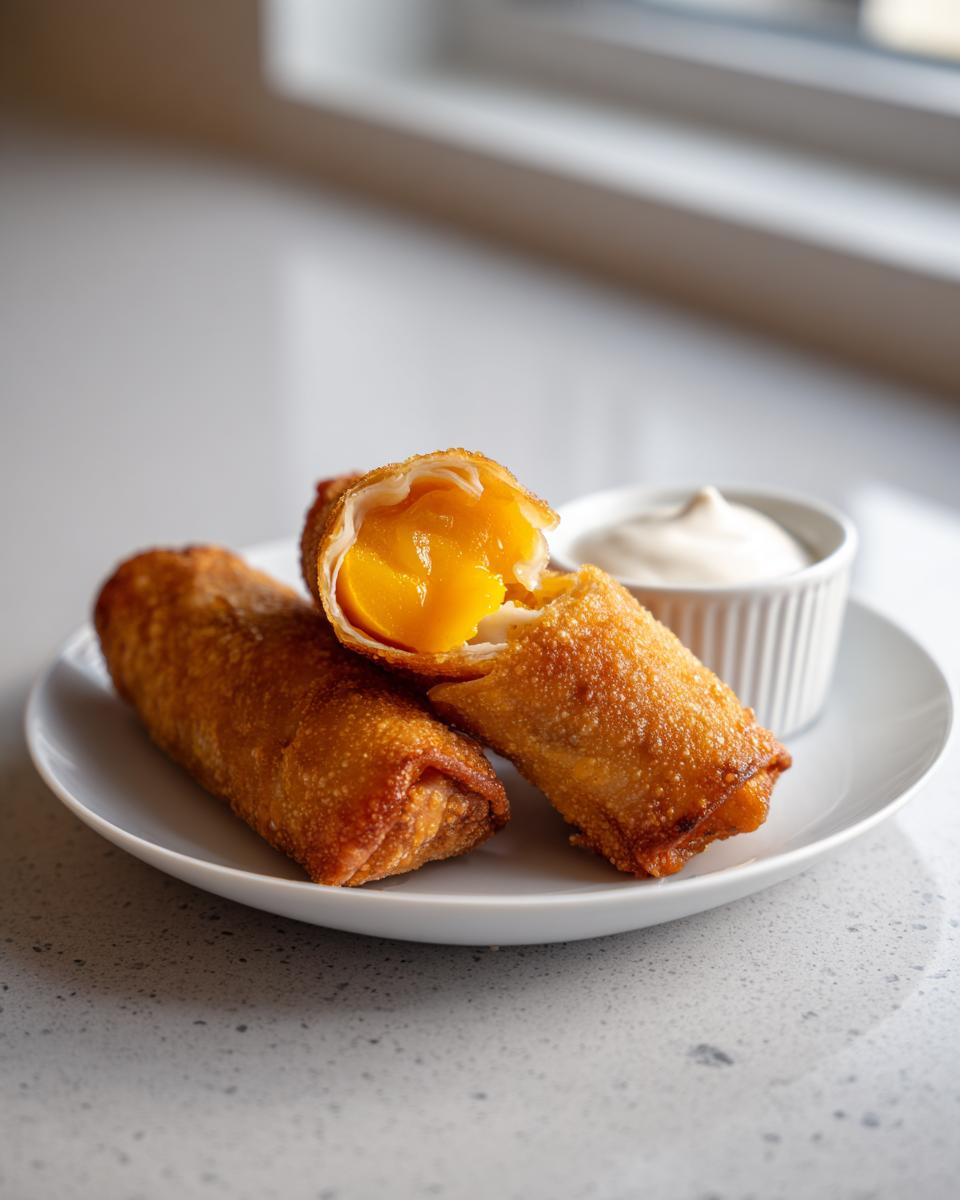 Three crispy, golden brown peach cobbler egg rolls on a white plate, one cut open showing the bright orange peach filling.