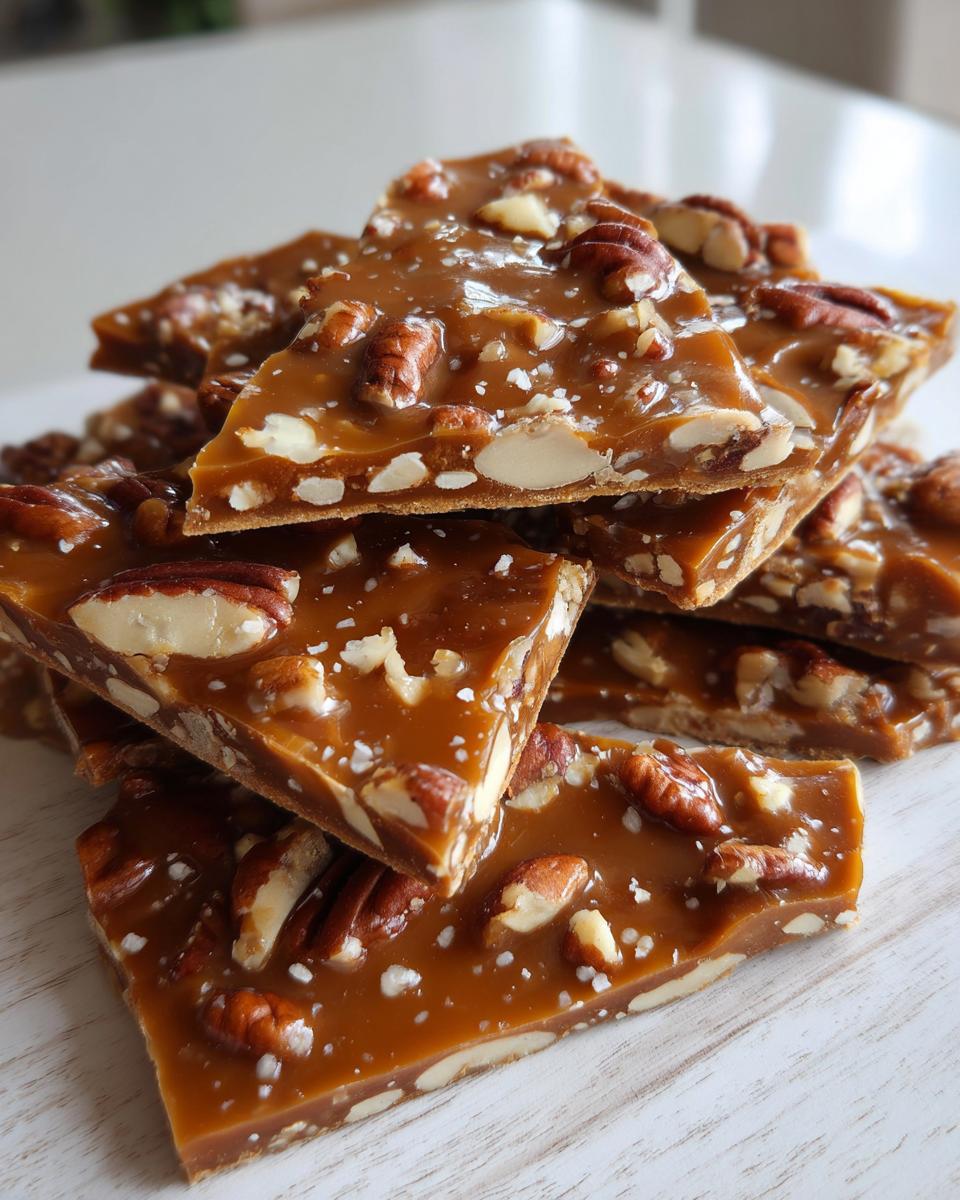 Close-up of broken pieces of rich, glossy pecan pie bark topped with pecans and sea salt.