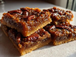 Close-up stack of rich, gooey pecan pie bars showing the buttery crust and shiny, caramelized pecan topping.