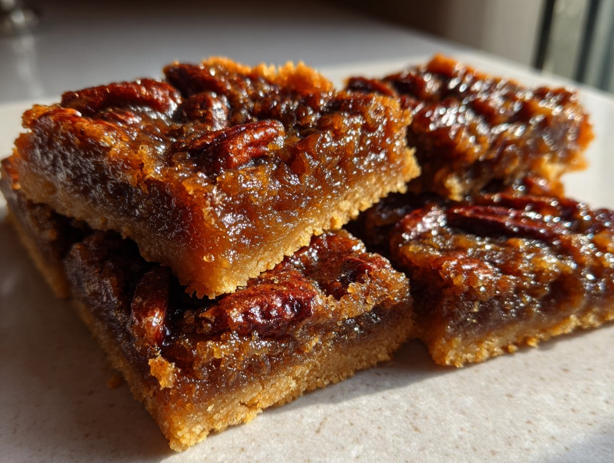 Close-up stack of rich, gooey pecan pie bars showing the buttery crust and shiny, caramelized pecan topping.
