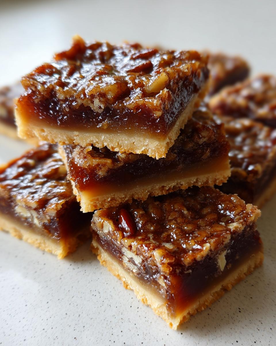A close-up stack of gooey, glazed pecan pie bars showing the shortbread crust and rich filling.