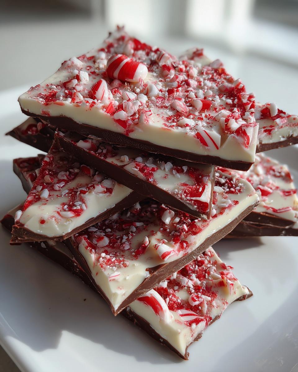 A stack of triangular pieces of dark and white chocolate peppermint bark topped with crushed candy canes.