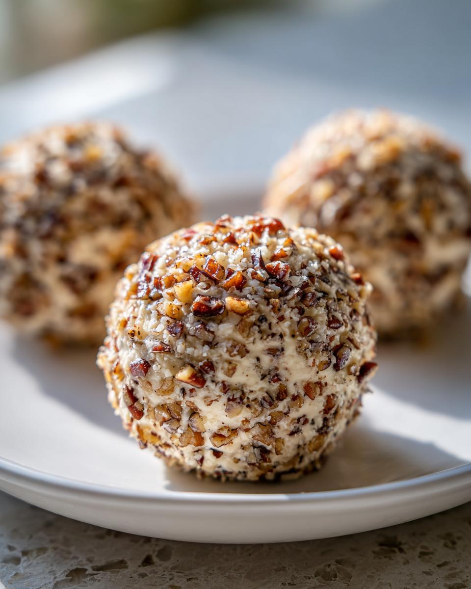 Close-up of a small, round pineapple cheese ball coated entirely in chopped nuts, resting on a white plate.