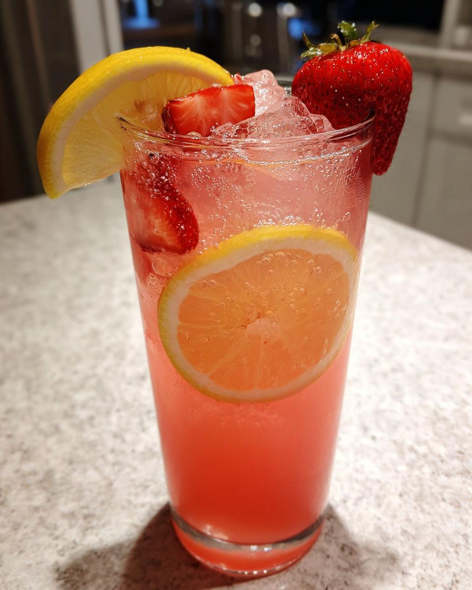 A tall glass filled with bubbly pink lemonade, garnished with lemon slices and fresh strawberries.