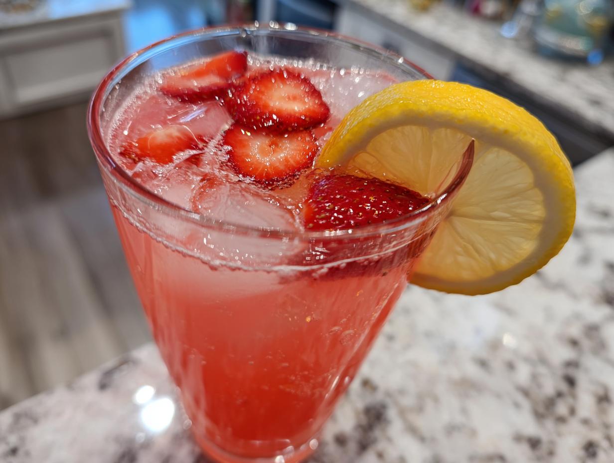 Close-up of a tall glass filled with bubbly pink lemonade, ice, sliced strawberries, and a lemon wheel garnish.