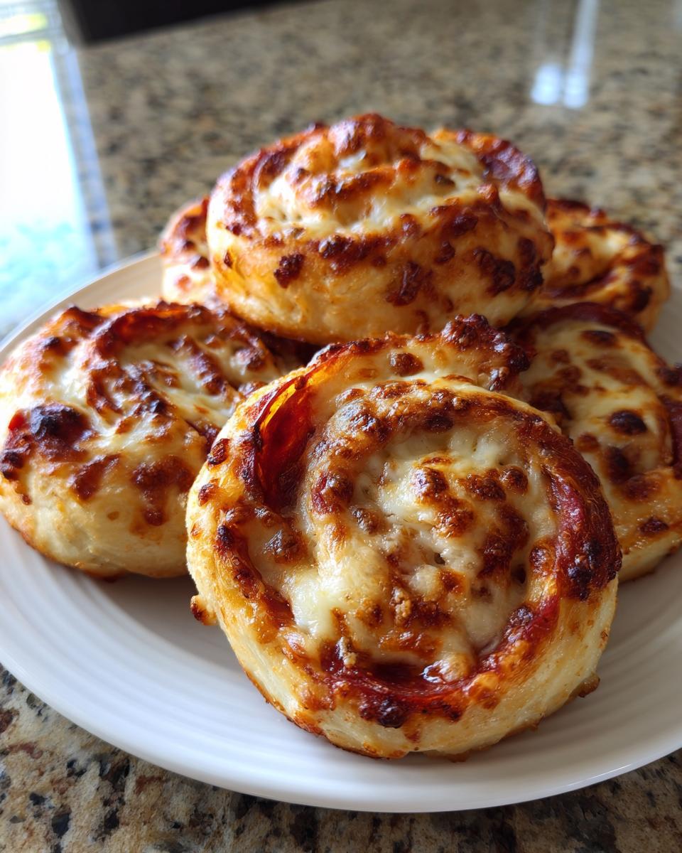 A stack of freshly baked, cheesy pizza pinwheels with browned tops served on a white plate.