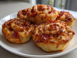 A close-up of several golden brown, cheesy pizza pinwheels stacked on a white plate.