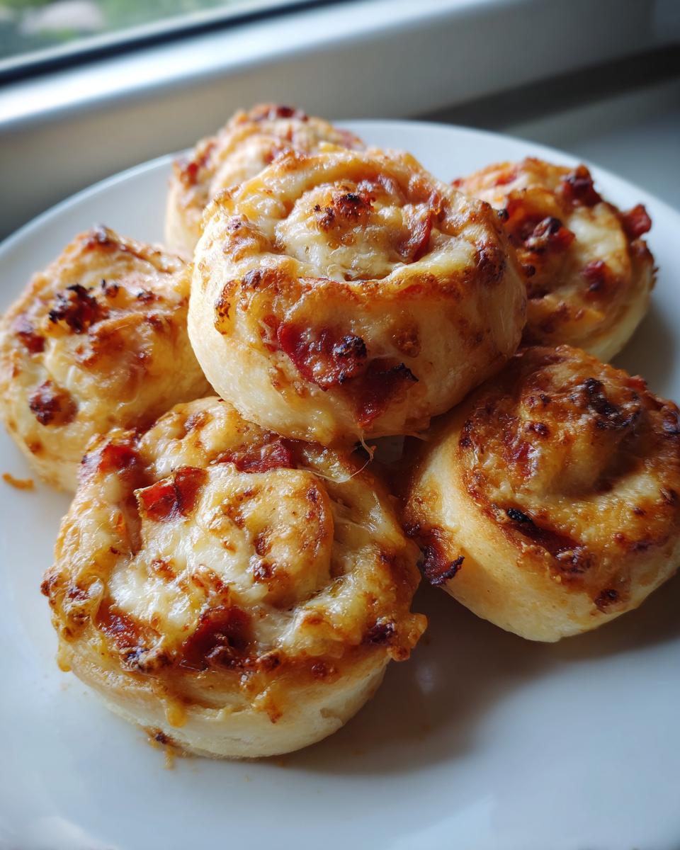 A close-up of several freshly baked, golden brown pizza pinwheels piled on a white plate.