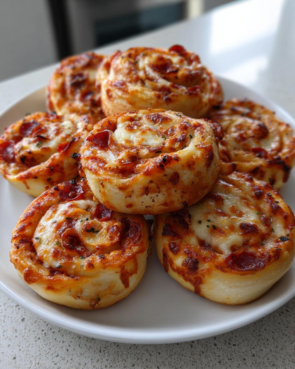 A close-up shot of several freshly baked pizza pinwheels topped with melted cheese and pepperoni on a white plate.
