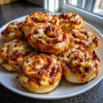 A plate piled high with freshly baked, golden brown pizza pinwheels topped with melted cheese and pepperoni.