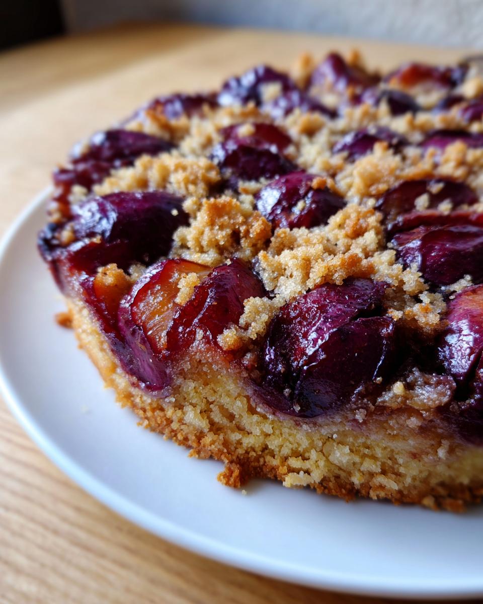 A close-up view of a slice of moist plum cake topped with baked purple plums and golden streusel crumbs.