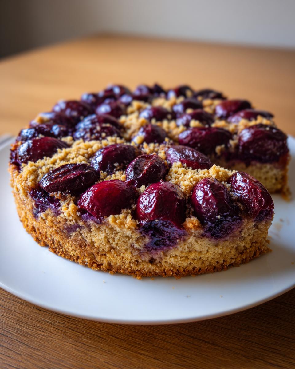 A close-up of a moist, round plum cake topped with baked plums and a streusel crumb topping, ready to serve.