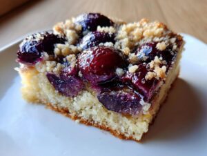 Close-up of a square slice of amazing plum cake featuring juicy baked plums and a buttery streusel topping.