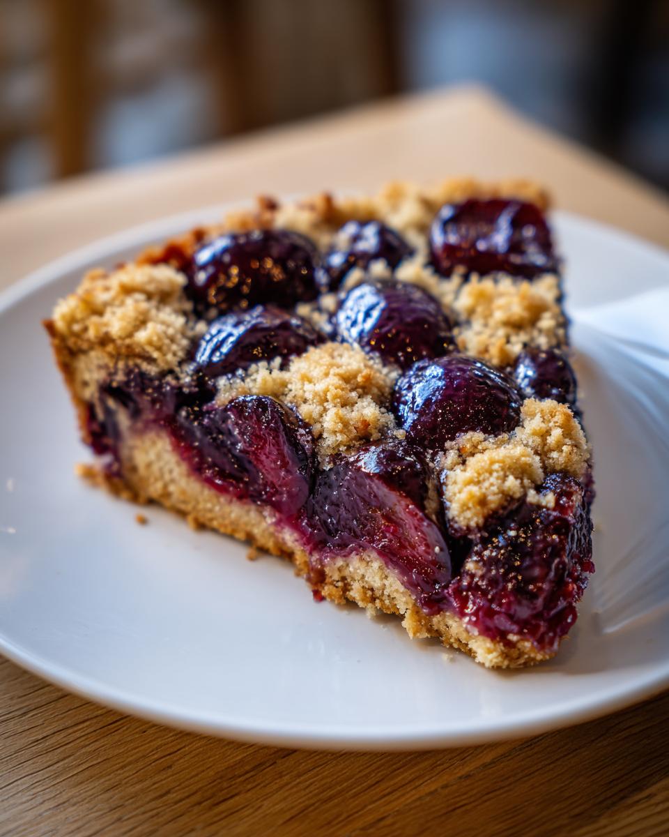 A close-up of a single slice of amazing plum cake featuring dark, glossy plums and a golden crumb topping.