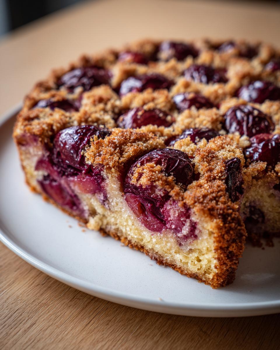A close-up slice of amazing plum cake featuring baked plums and a golden brown streusel topping.