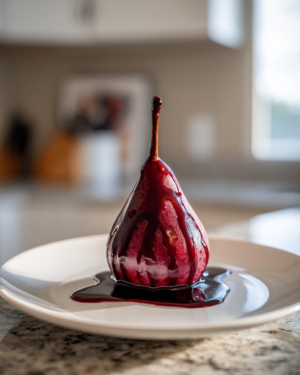 A single, glossy red poached pear drizzled with dark syrup, resting on a white plate.