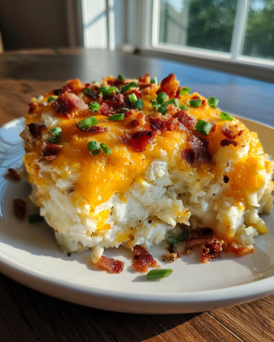 A serving of creamy potato casserole topped with melted cheddar cheese, bacon bits, and chives.