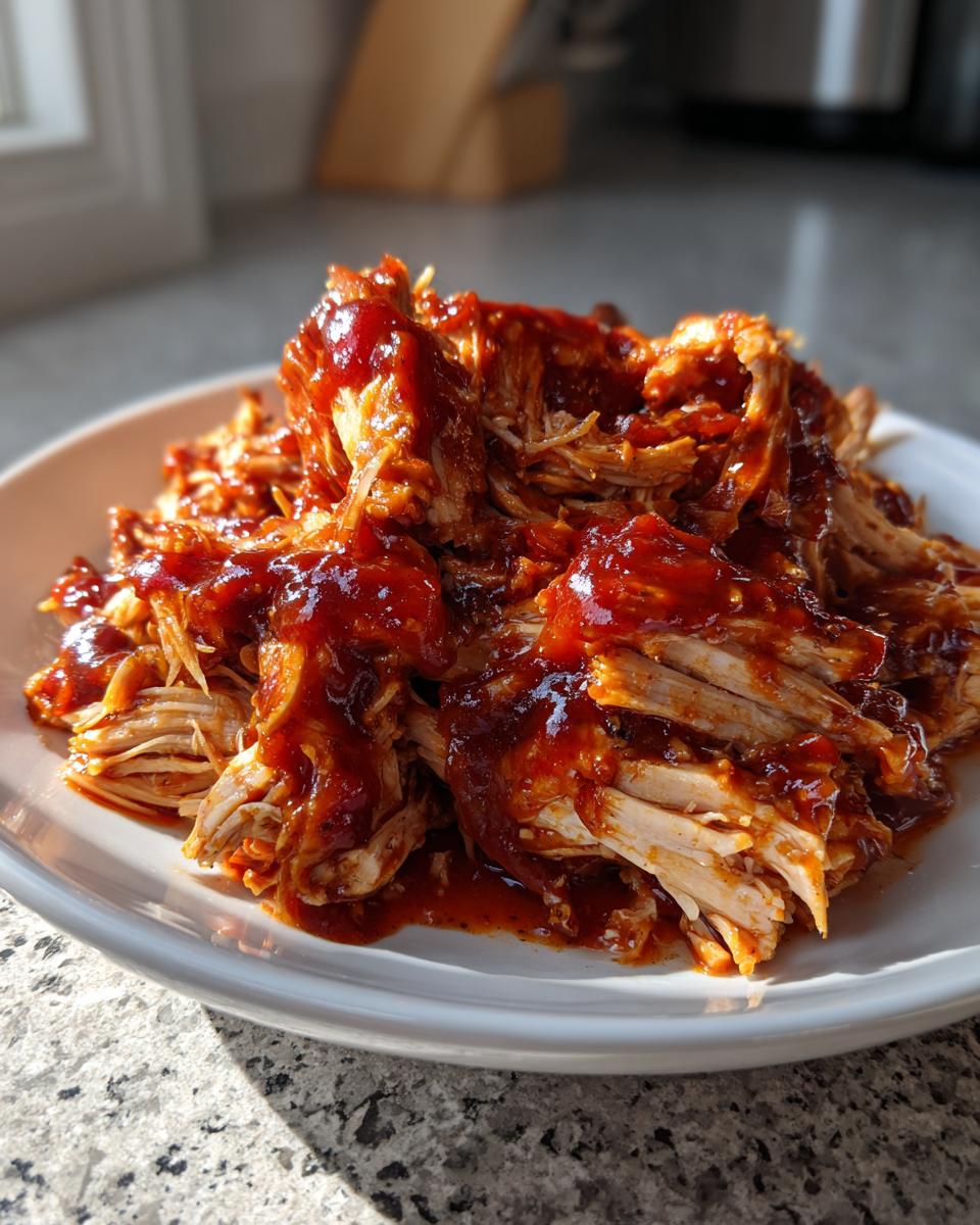 Close-up of shredded pulled chicken generously coated in glossy barbecue sauce served on a white plate.