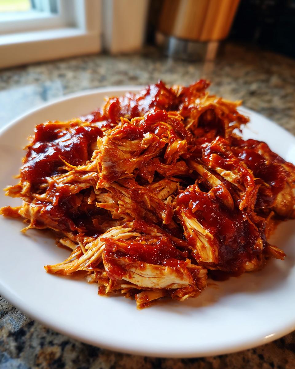 Close-up of shredded, saucy pulled chicken piled high on a white plate, ready for dinner.
