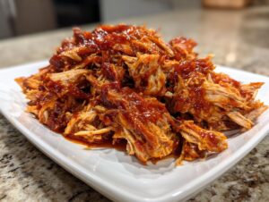A close-up of saucy, shredded pulled chicken piled high on a white rectangular plate.