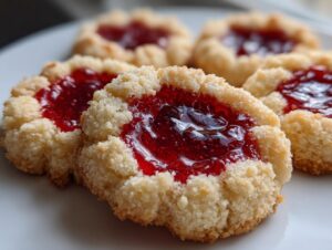 Close-up of several golden, crumbly thumbprint cookies filled with glistening red raspberry jam on a white plate.