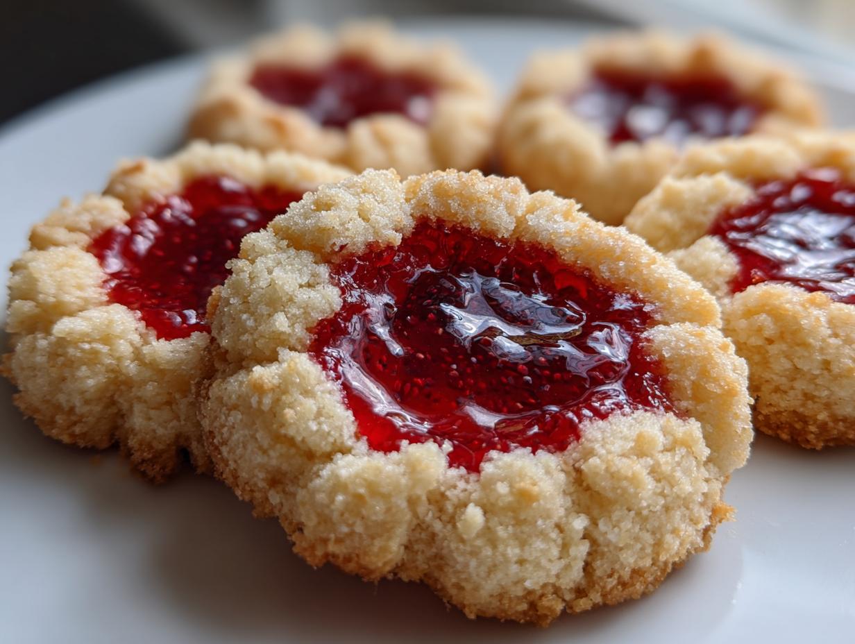 Close-up of several golden, crumbly thumbprint cookies filled with glistening red raspberry jam on a white plate.