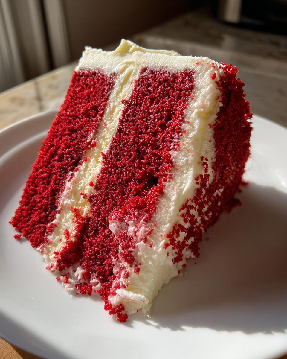 A close-up of a moist slice of red velvet cake layered with thick white cream cheese frosting.