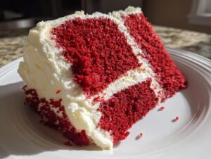 A rich, moist slice of red velvet cake layered with thick white cream cheese frosting, sitting on a white plate.