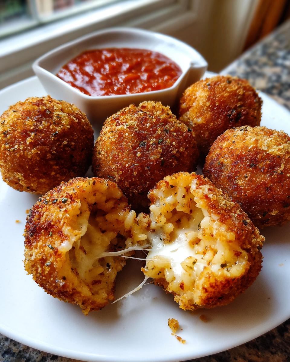 Close-up of golden brown, crispy rice balls, one broken open showing melted cheese stretching.