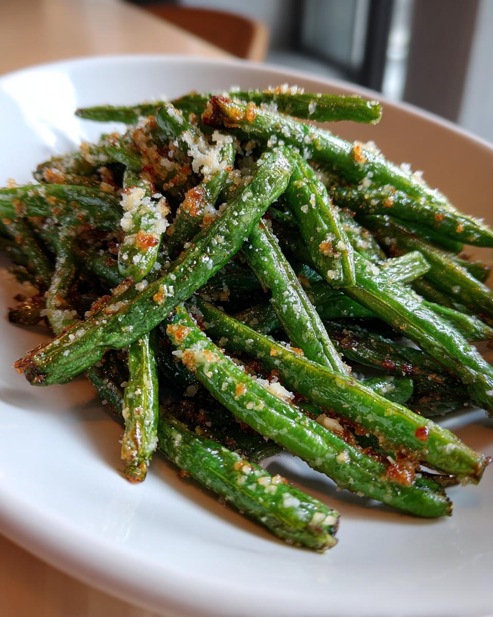 Close-up of bright green beans roasted and topped with grated Parmesan cheese.