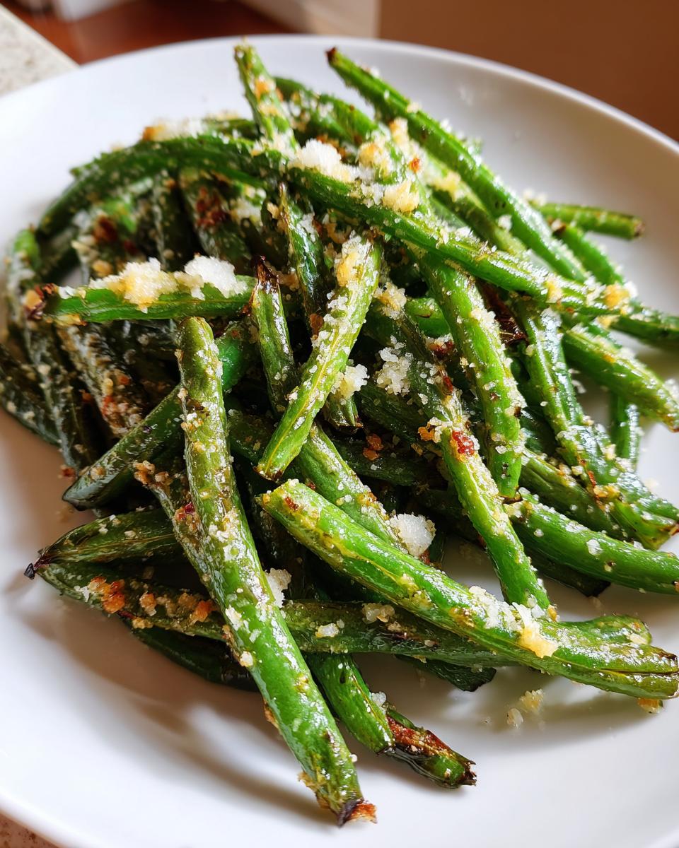 Close-up of bright green beans roasted until tender-crisp and topped with grated Parmesan cheese.