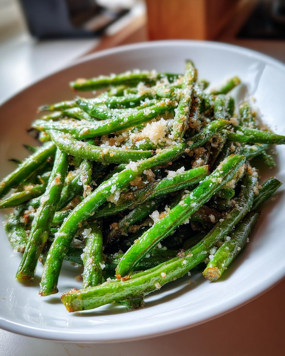 Close-up of bright green beans roasted and topped with grated Parmesan cheese.